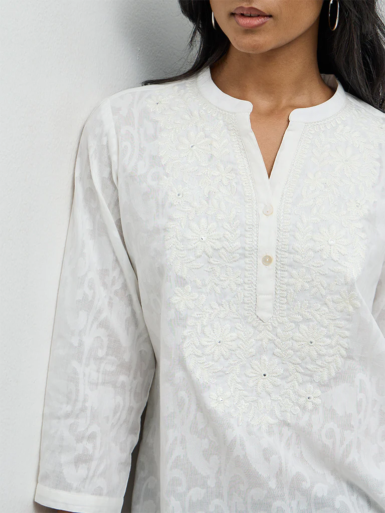 Utsa White Floral Embroidered Cotton-Blend Kurti - Image 3