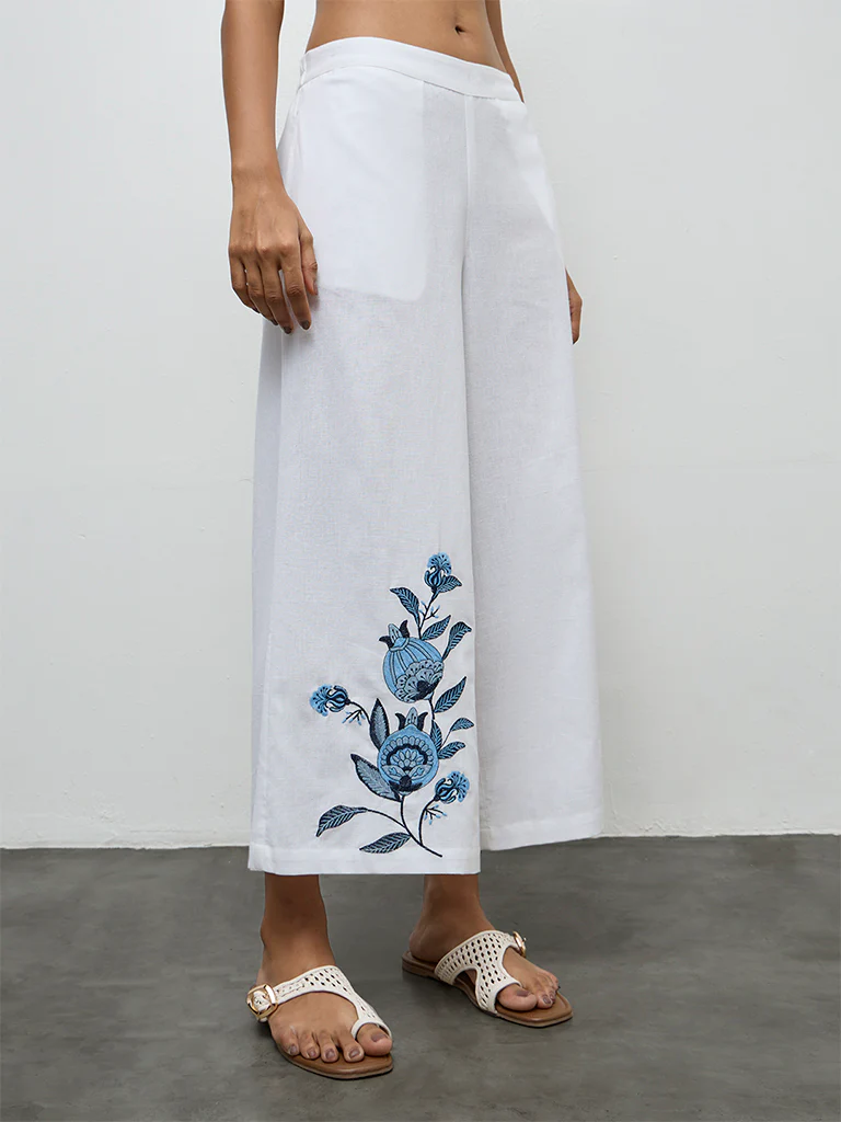 Utsa White Floral Embroidered Cotton-Blend Pants