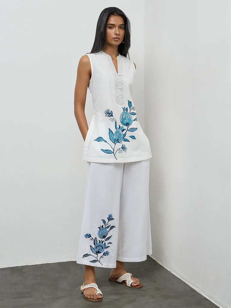 Utsa White Floral Embroidered Cotton-Blend Pants - Image 2