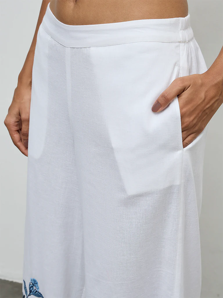 Utsa White Floral Embroidered Cotton-Blend Pants - Image 3