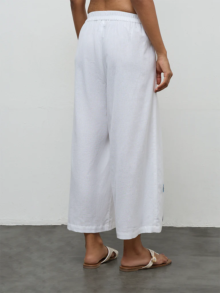 Utsa White Floral Embroidered Cotton-Blend Pants - Image 4