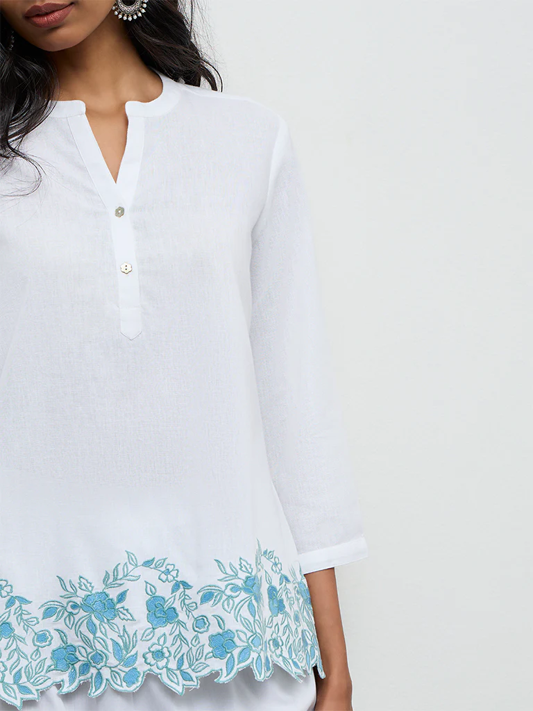 Utsa White Floral Embroidered Cotton-Blend Tunic - Image 3