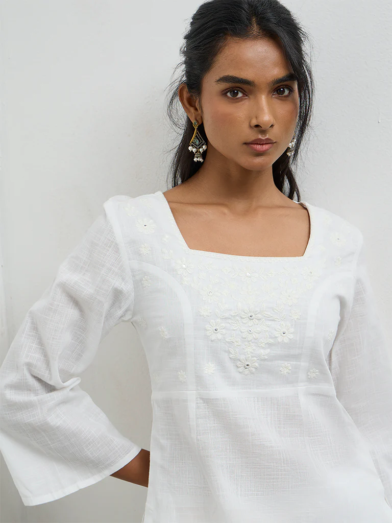 Utsa White Floral Embroidered Cotton Kurti - Image 3