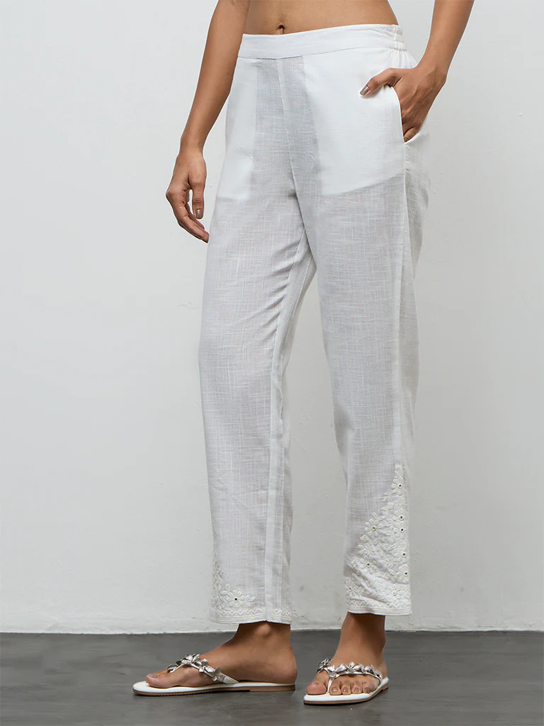 Utsa White Floral Embroidered Cotton Slim Pants
