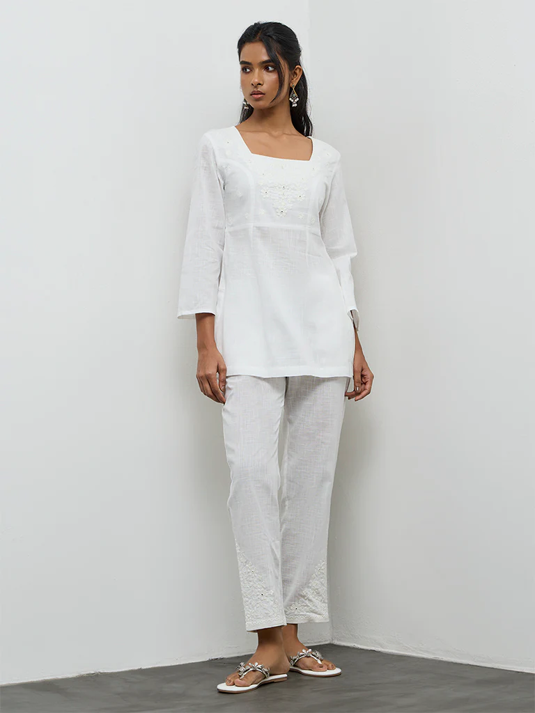 Utsa White Floral Embroidered Cotton Slim Pants - Image 2