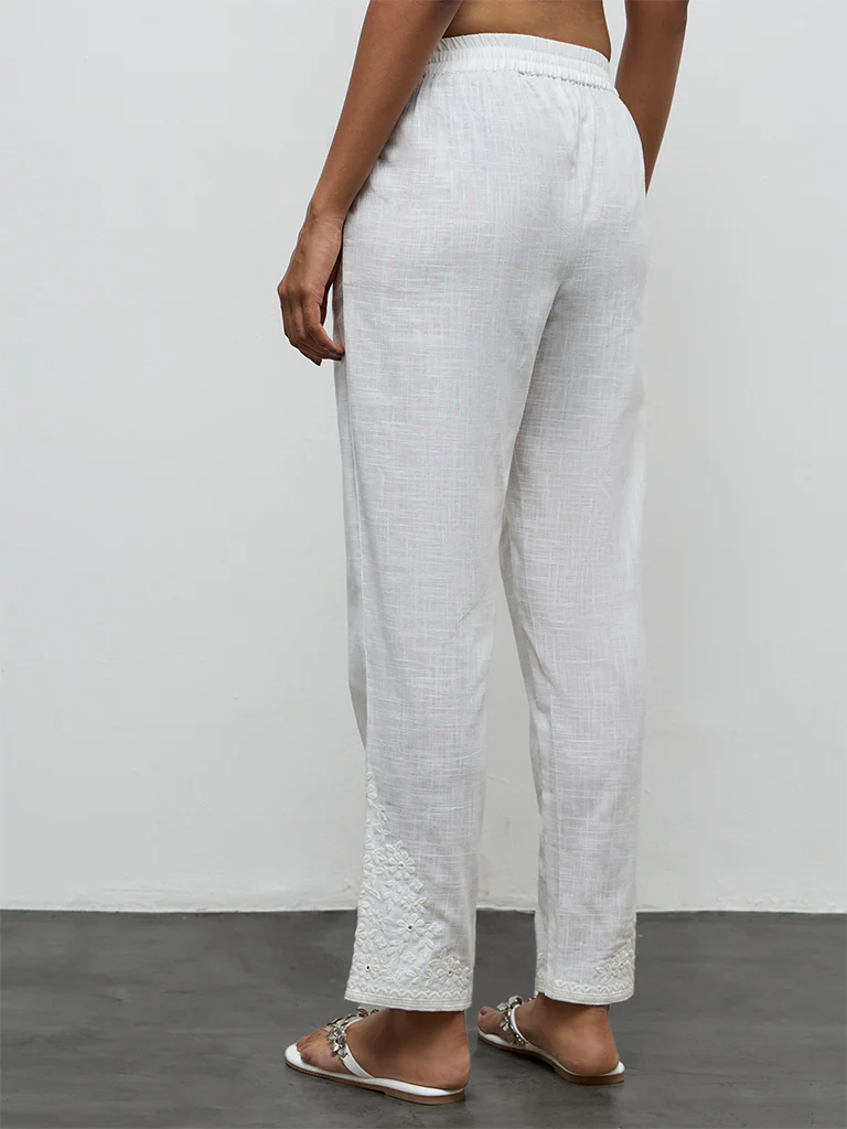 Utsa White Floral Embroidered Cotton Slim Pants - Image 4