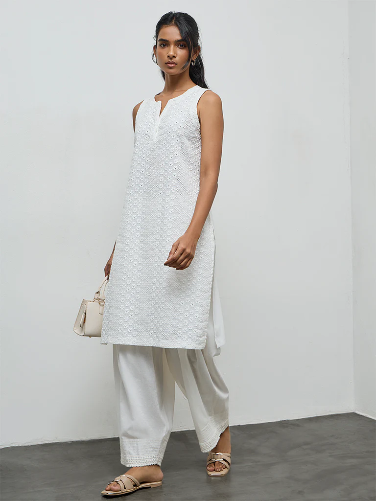 Utsa White Floral Embroidered Cotton Straight Kurta