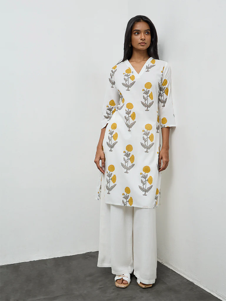 Utsa White Floral Pattern Cotton Straight Kurta - Image 2