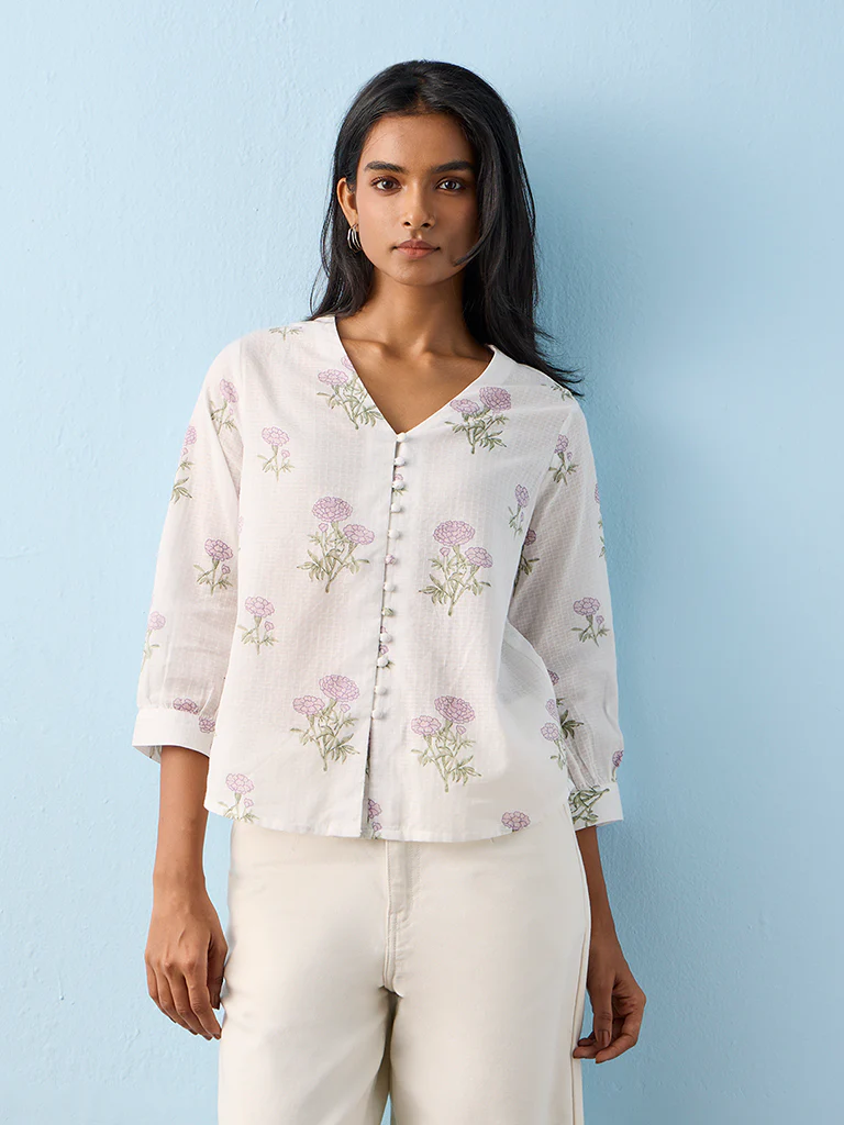 Utsa White Floral Pattern Cotton Tunic - Image 2