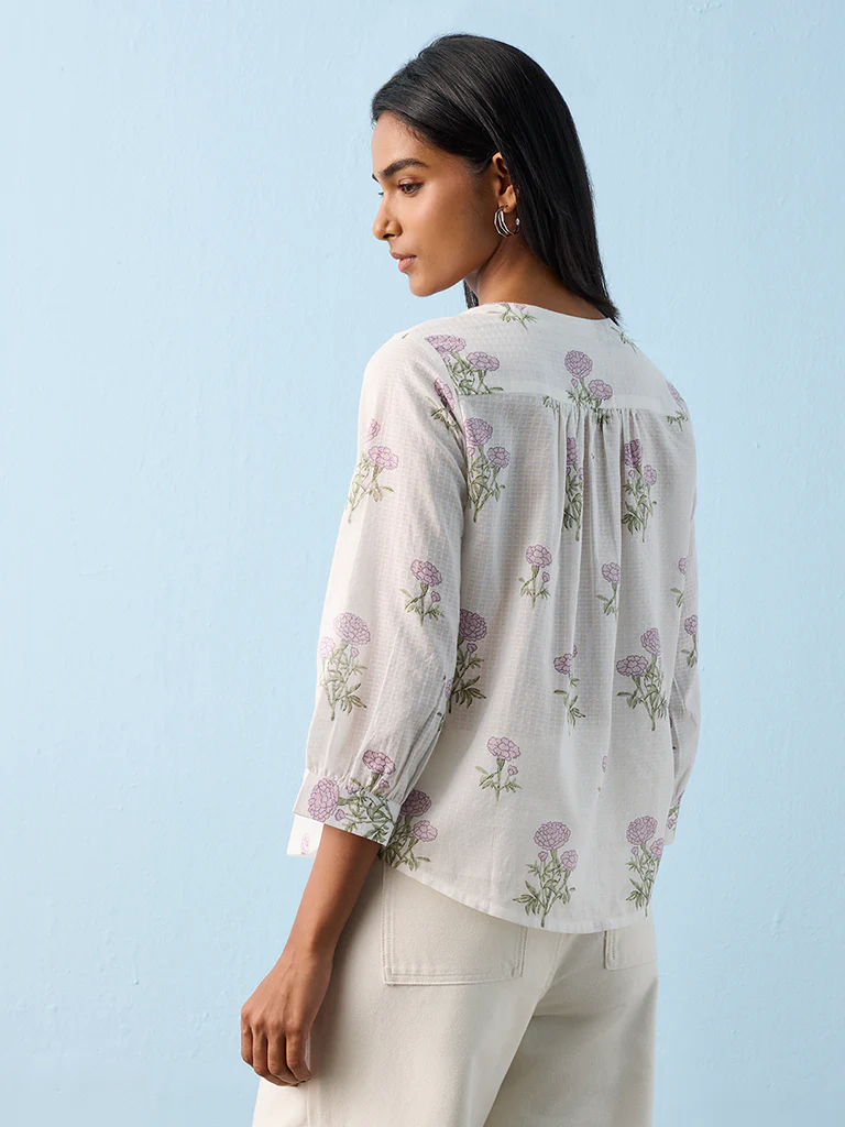 Utsa White Floral Pattern Cotton Tunic - Image 4