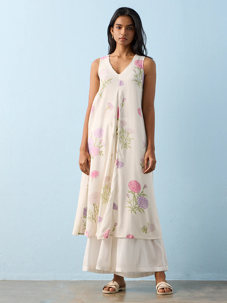 Utsa White Floral Printed A-Line Kurta - Image 2
