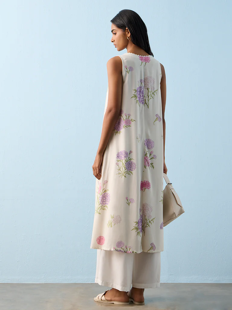 Utsa White Floral Printed A-Line Kurta - Image 4