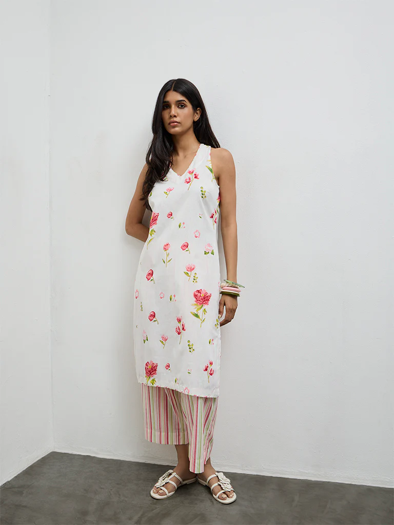 Utsa White Floral Printed Cotton-Blend A-Line Kurta