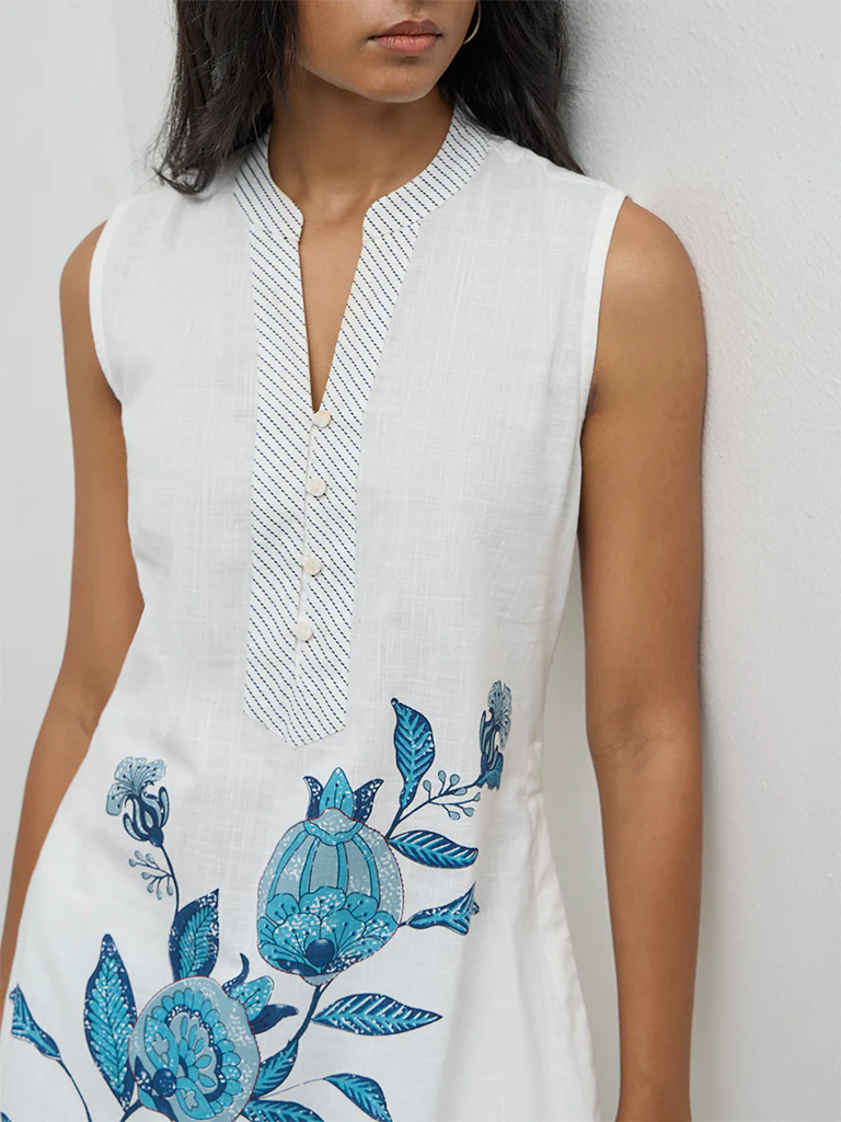 Utsa White Floral Printed Cotton Kurti - Image 3