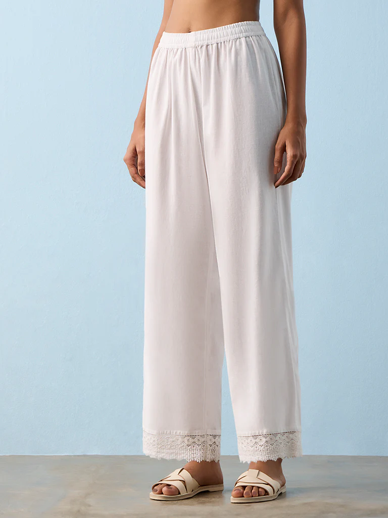 Utsa White Lace-Detailed Cotton-Blend Pants
