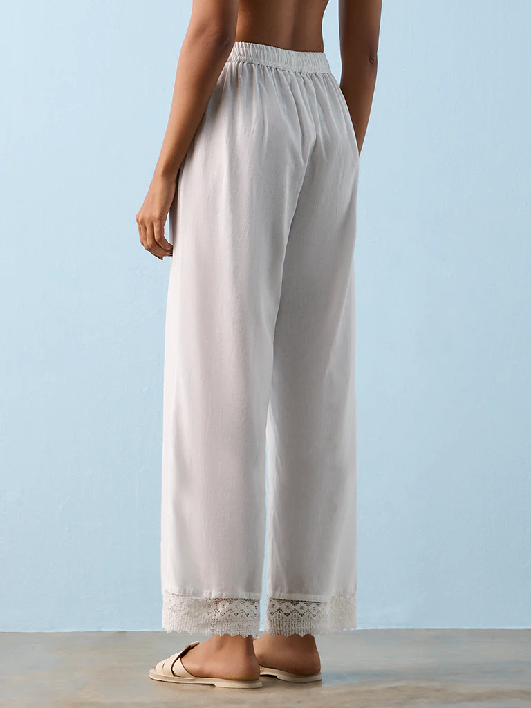 Utsa White Lace-Detailed Cotton-Blend Pants - Image 4