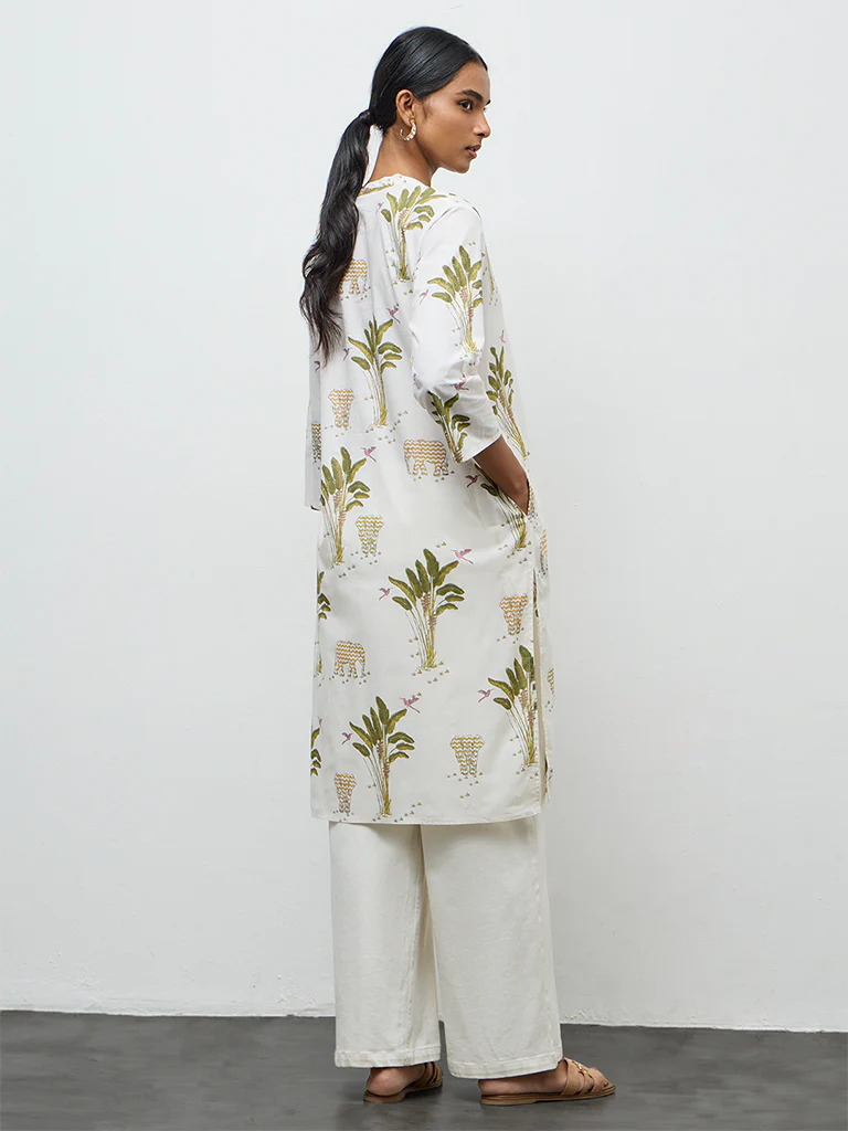 Utsa White Nature-Inspired Cotton Straight Kurta - Image 4