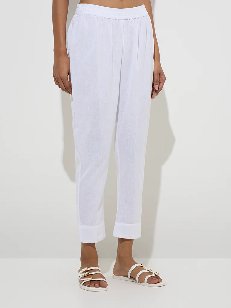 Utsa White Solid Cotton Ethnic Pants  - Image 2