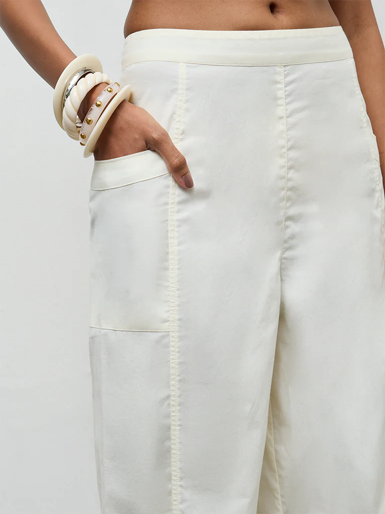 Utsa White Solid Cotton Pants - Image 3