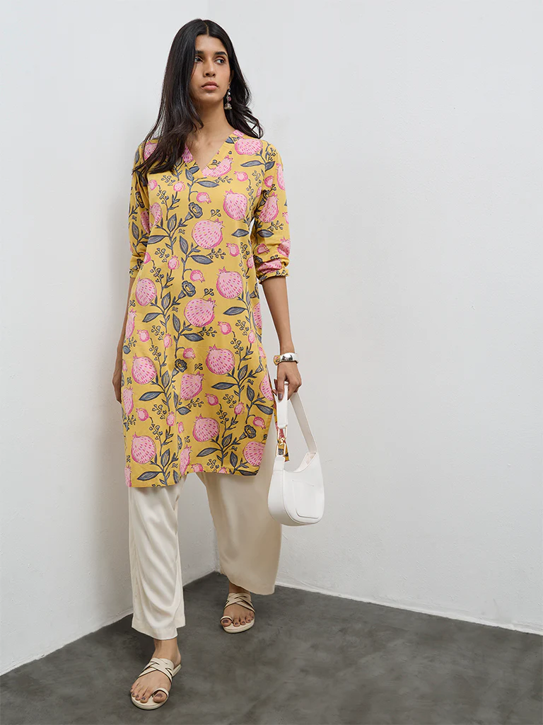 Utsa Yellow Anar Printed Cotton Straight Kurta