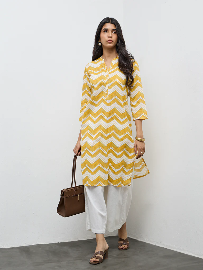 Utsa Yellow Chevron Printed Cotton Straight Kurta