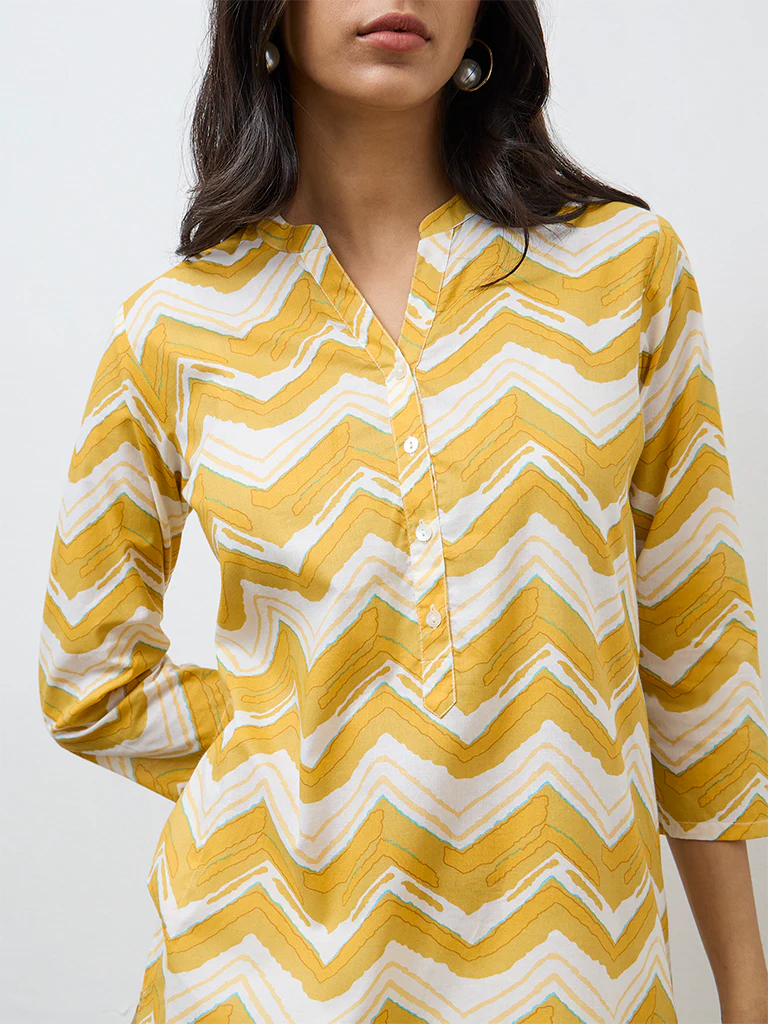 Utsa Yellow Chevron Printed Cotton Straight Kurta - Image 3