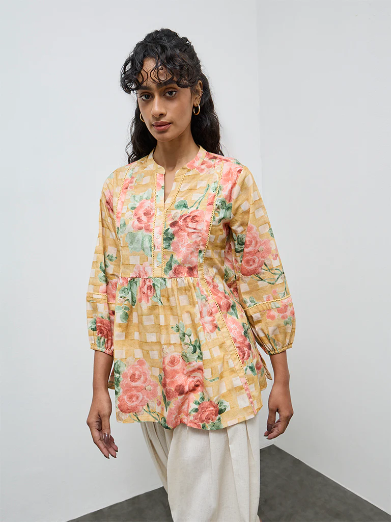 Utsa Yellow Floral Cotton Tunic