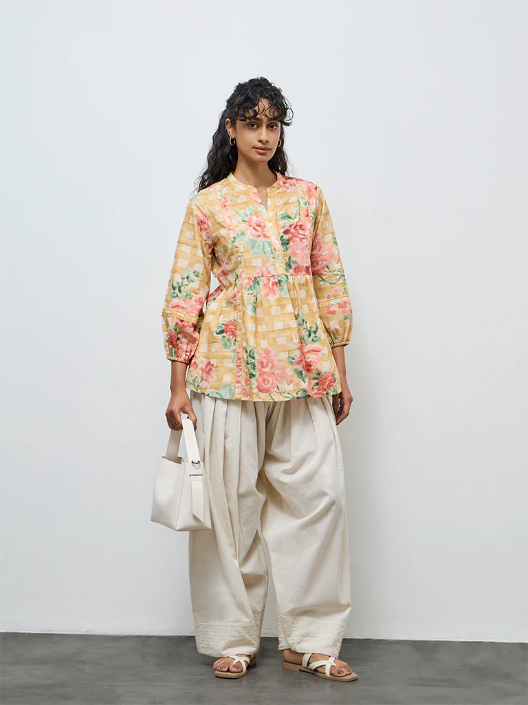Utsa Yellow Floral Cotton Tunic - Image 2