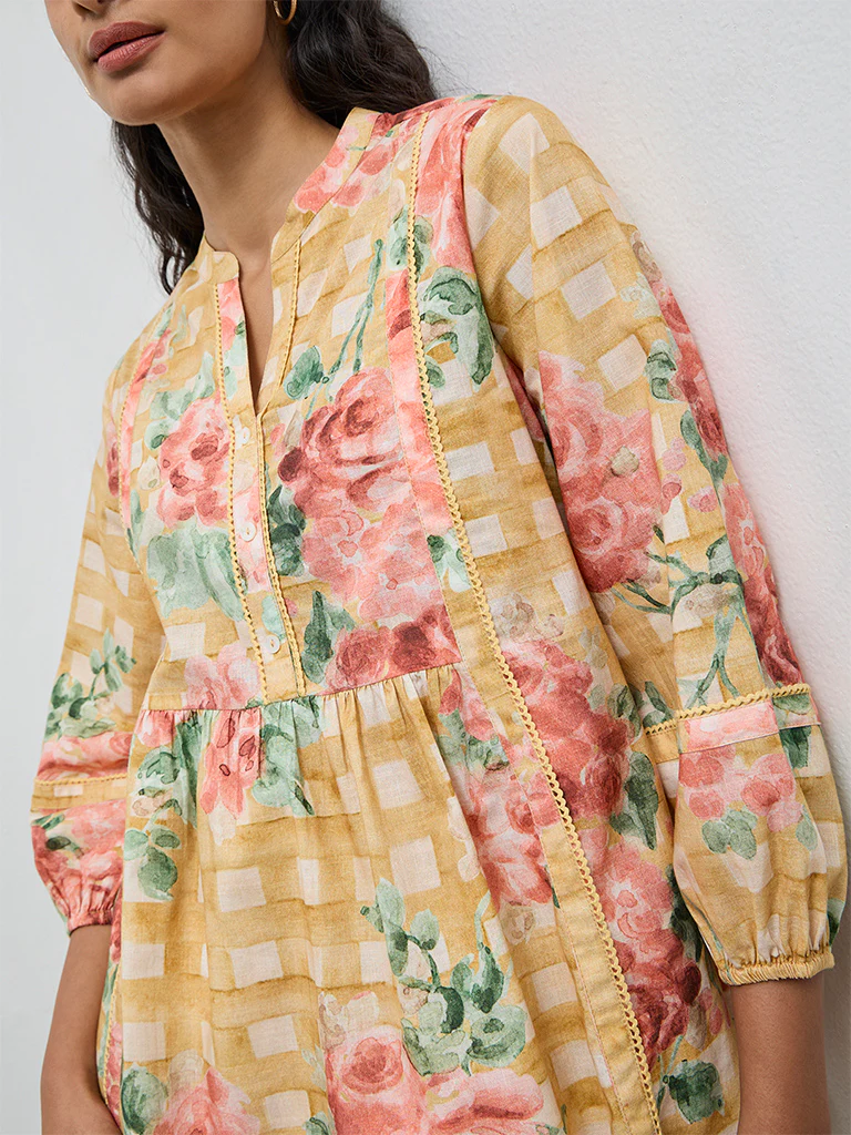 Utsa Yellow Floral Cotton Tunic - Image 3