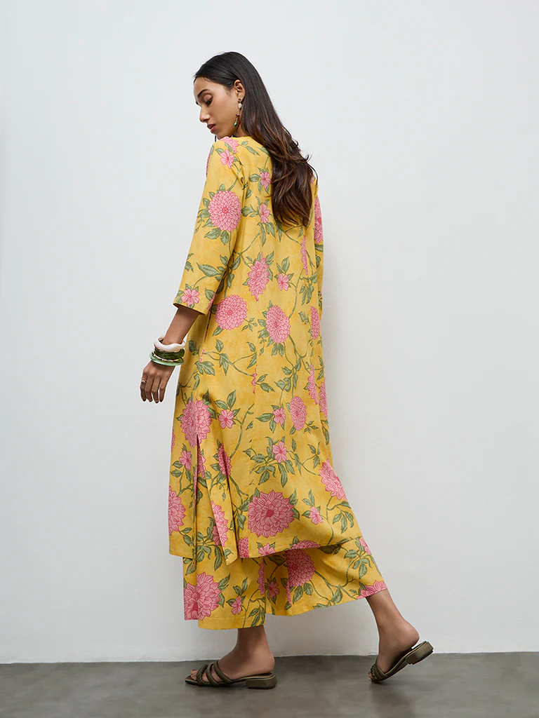 Utsa Yellow Floral Design A-Line Kurta - Image 4