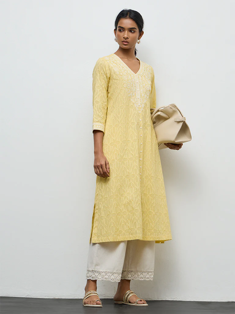 Utsa Yellow Floral Embroidered A-Line Cotton Kurta