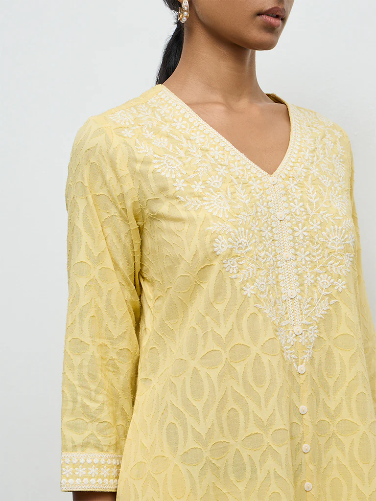 Utsa Yellow Floral Embroidered A-Line Cotton Kurta - Image 3
