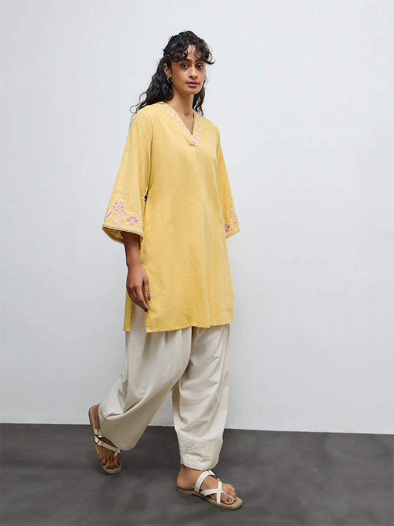 Utsa Yellow Floral Embroidered Cotton A-Line Kurta - Image 2
