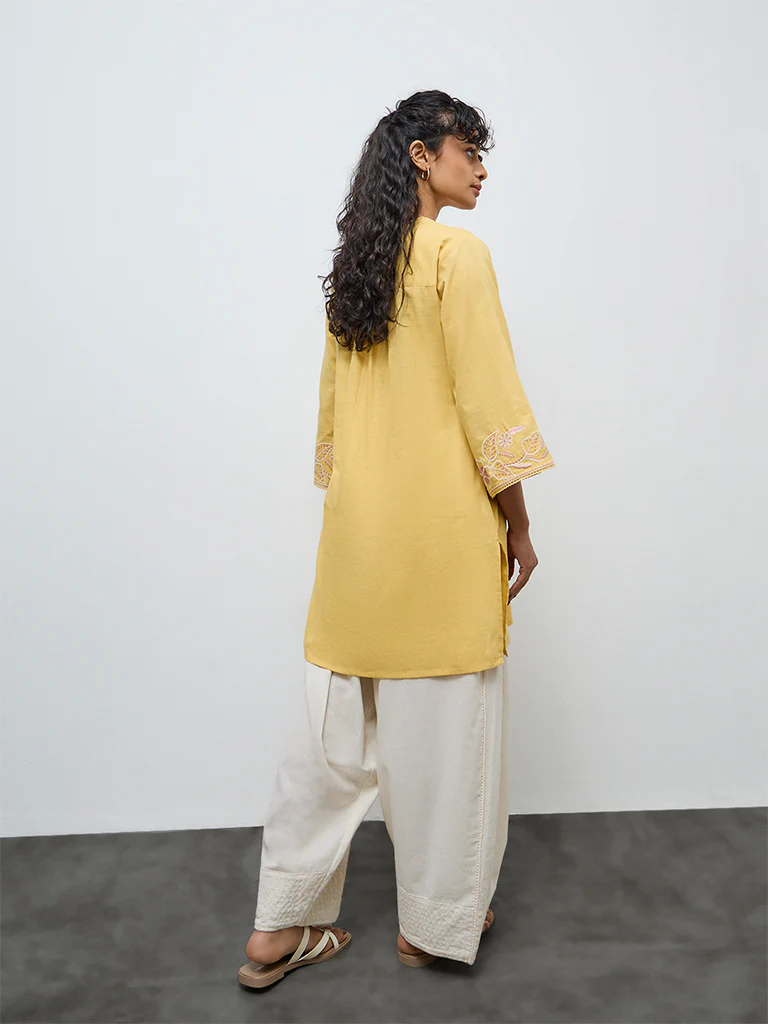 Utsa Yellow Floral Embroidered Cotton A-Line Kurta - Image 4