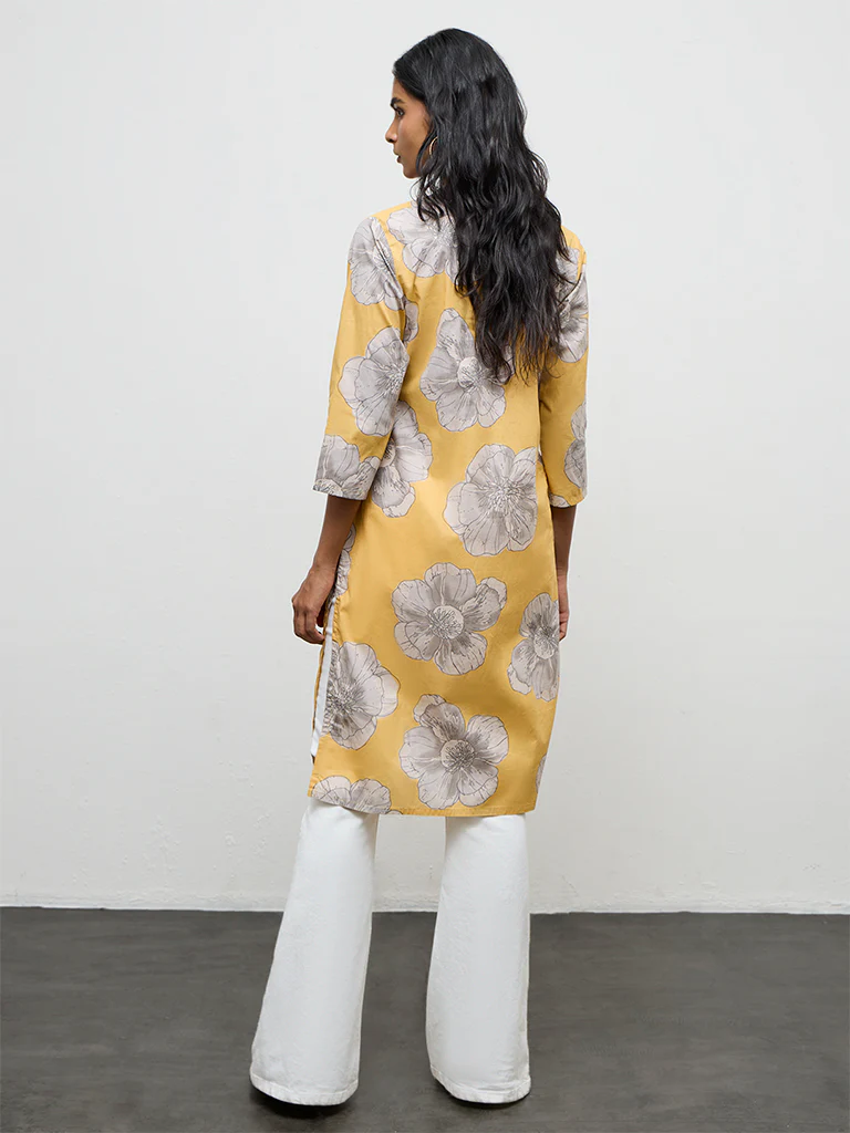 Utsa Yellow Floral Pattern Cotton Straight Kurta - Image 4