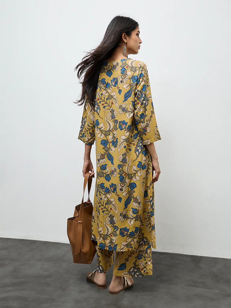 Utsa Yellow Floral Printed A-Line Kurta - Image 4
