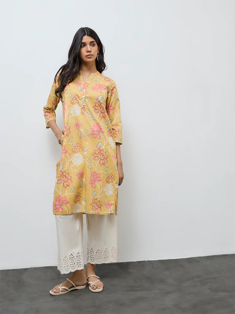 Utsa Yellow Floral Printed Cotton Straight Kurta
