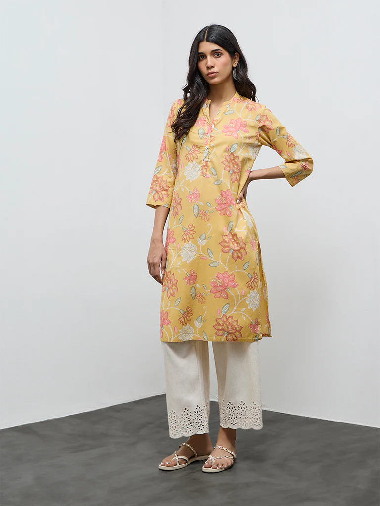 Utsa Yellow Floral Printed Cotton Straight Kurta - Image 2