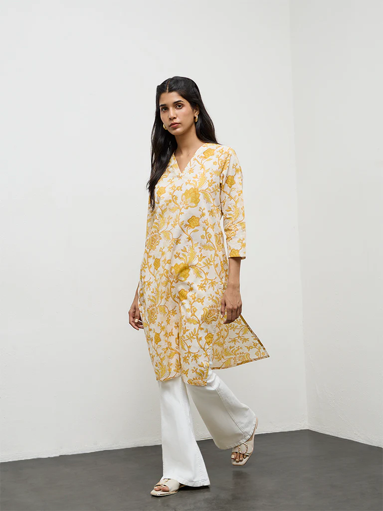 Utsa Yellow Floral Printed Cotton Straight Kurta - Image 2