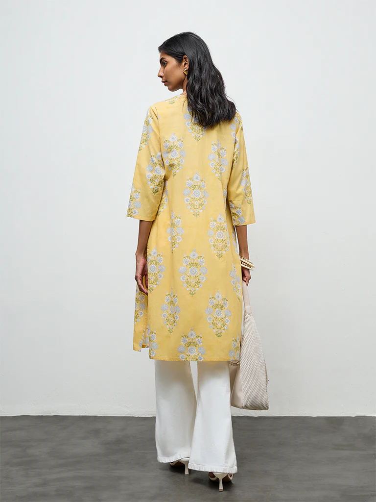 Utsa Yellow Floral Printed Straight Cotton Kurta - Image 4