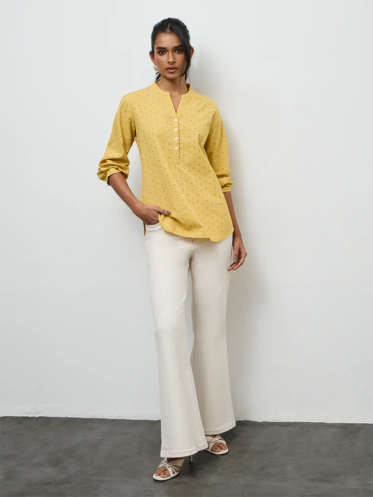 Utsa Yellow Floral Schiffli Detailed Tunic - Image 2