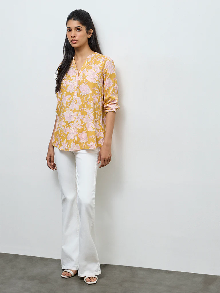 Utsa Yellow Foliage Printed Tunic - Image 2