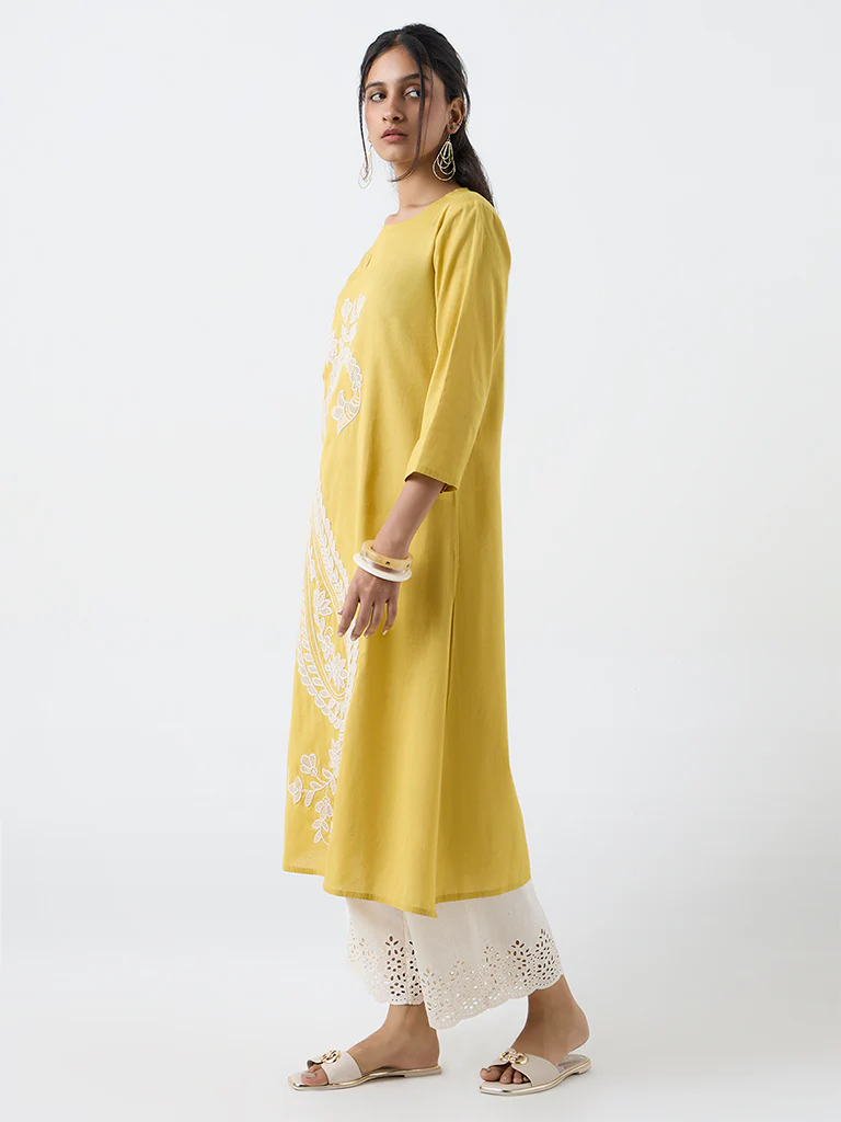 Utsa Yellow Paisley Embroidered Cotton-Blend A-Line Kurta - Image 2