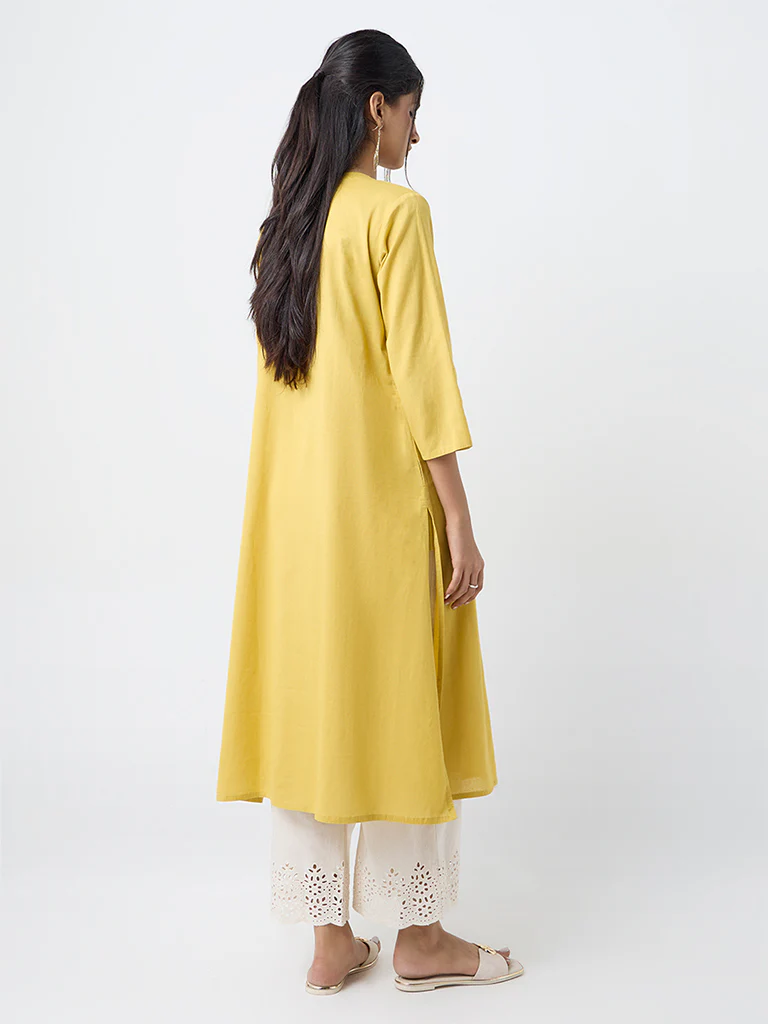Utsa Yellow Paisley Embroidered Cotton-Blend A-Line Kurta - Image 4