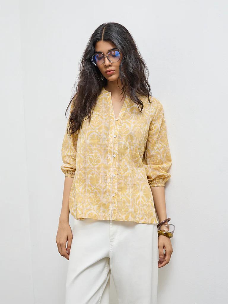 Utsa Yellow Printed Cotton Tunic - Image 2