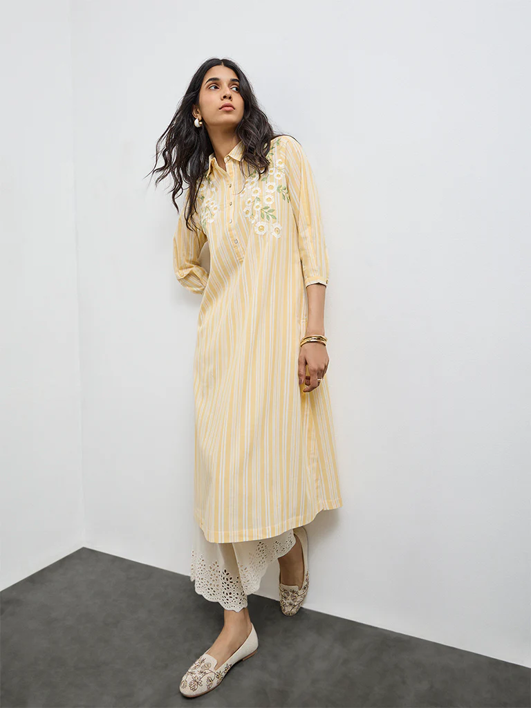 Utsa Yellow Striped Cotton A-Line Kurta - Image 2