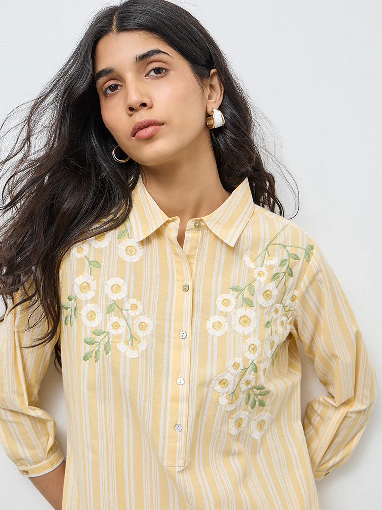 Utsa Yellow Striped Cotton A-Line Kurta - Image 3
