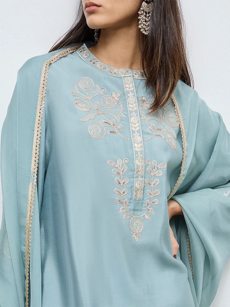 Vark Aqua Embroidered A-Line Ethnic Set - Image 3