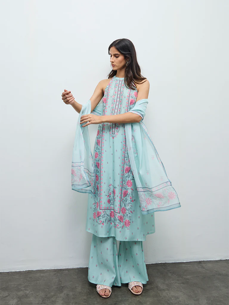 Vark Aqua Floral Design Cotton-Blend A-Line Ethnic Set - Image 2