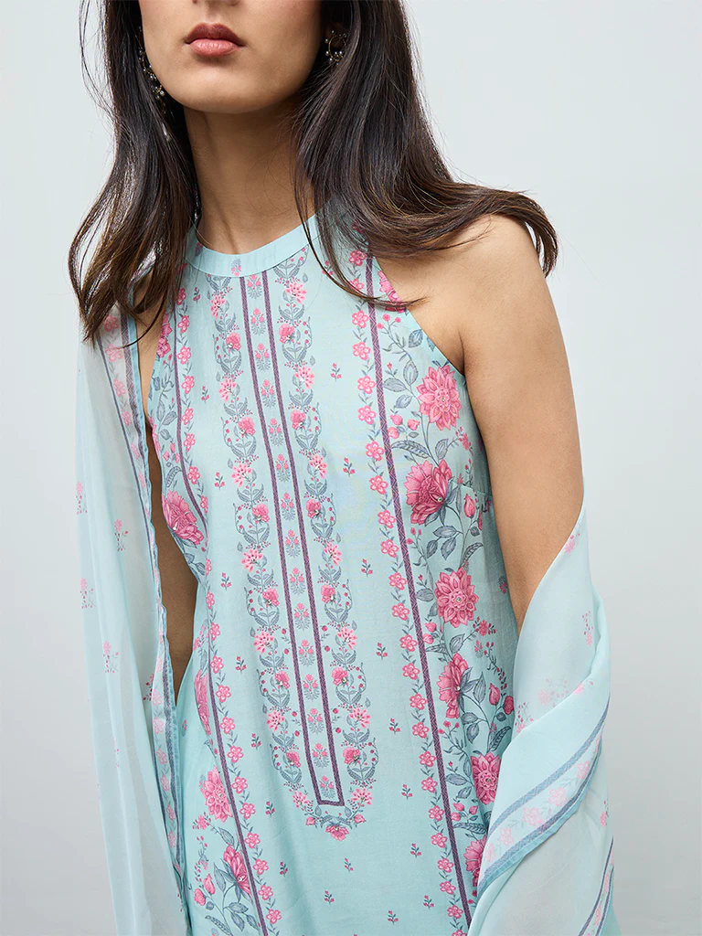 Vark Aqua Floral Design Cotton-Blend A-Line Ethnic Set - Image 3